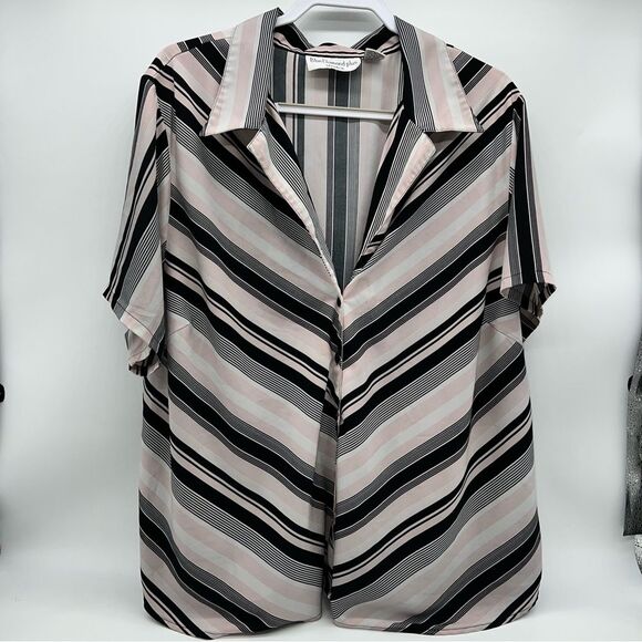 Blue Diamond Plus Tops - Blue Diamond Plus Stretch Short Sleeve Striped Blouse - Pink/Black/Off White 24